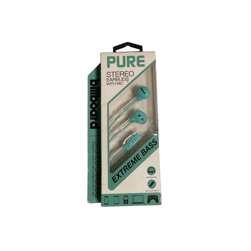 Billboard Pure Stereo Earbuds with Mic Teal Extreme Bass Wired BB2291 New‎